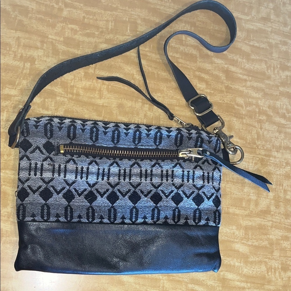 Rais Case Black Wool like Tapestry & Leather shoulder / clutch Bag